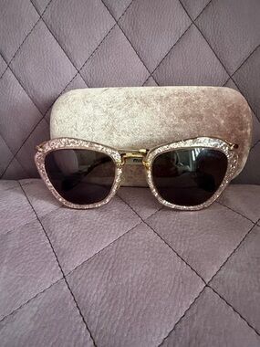 Miu Miu Pink Glitter Cat-Eye Sunglasses with Gold Temples